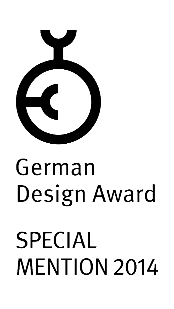 Logo of the German Design Award with 'Special Mention 2014' text on a white background