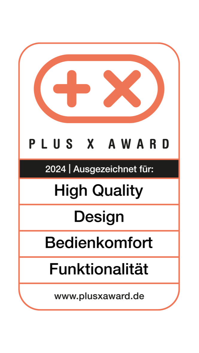 Plus X Award label for high quality, design, comfort, and functionality on a white background